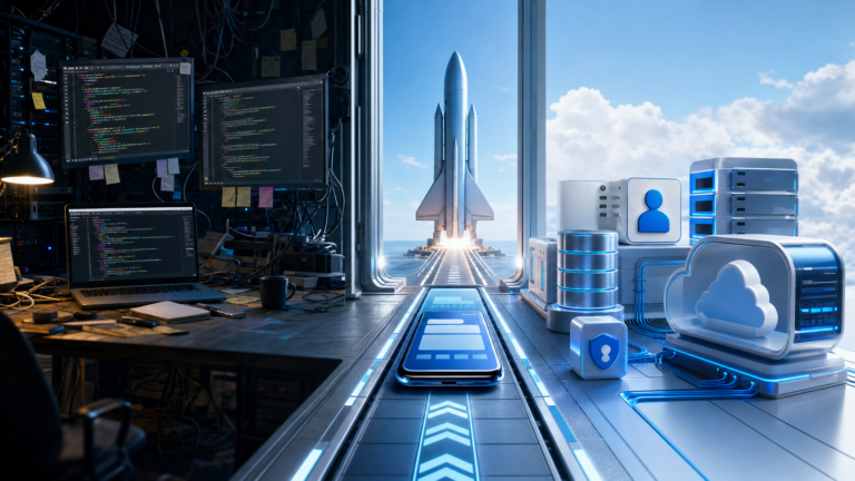 Streamlined app launch runway contrasted with a busy coding workspace
