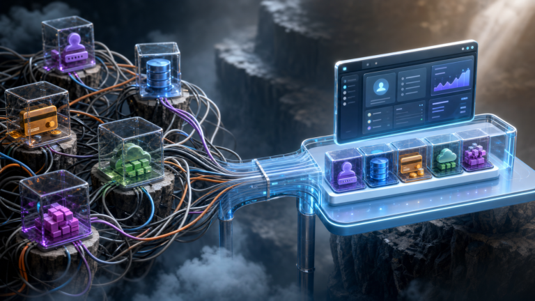 Separate SaaS service islands unified into one cleaner app platform bridge