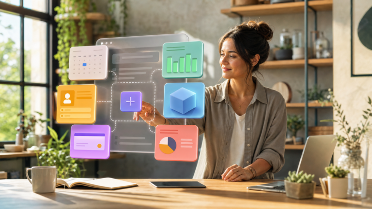 Small business owner assembling a custom web app from modular app features