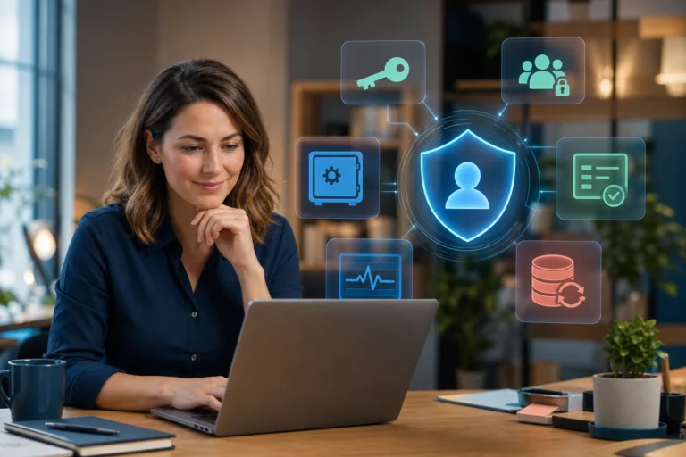Product owner reviewing an app protected by identity, permissions, secrets, monitoring, and backup controls