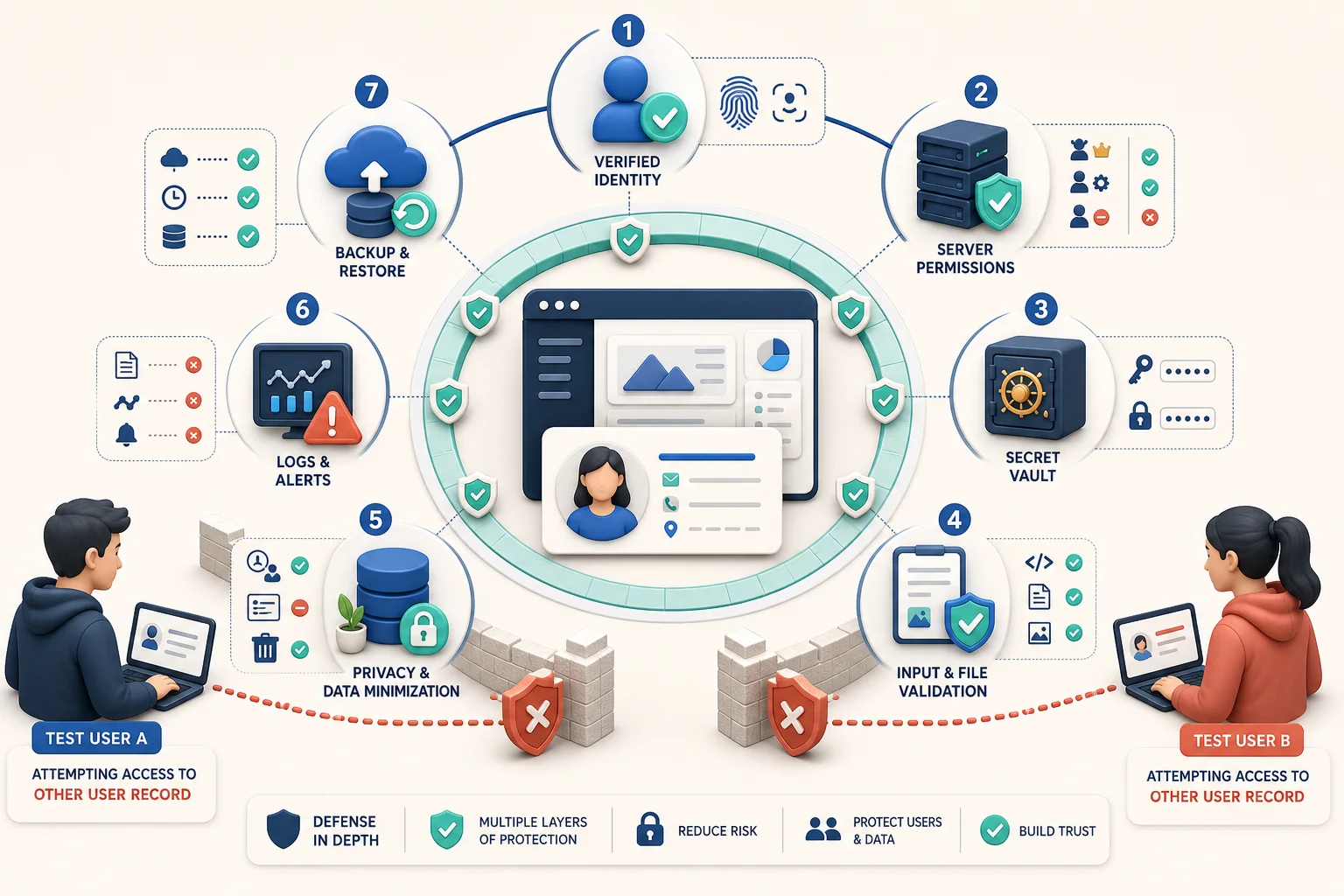 Defense-in-depth diagram showing identity, server permissions, secrets, input validation, privacy, alerts, and backups