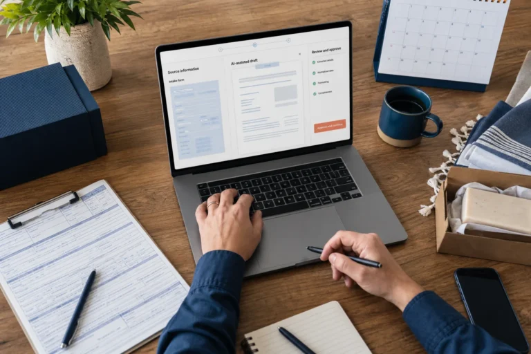 Business owner reviewing an AI-assisted draft before approving it in a web app