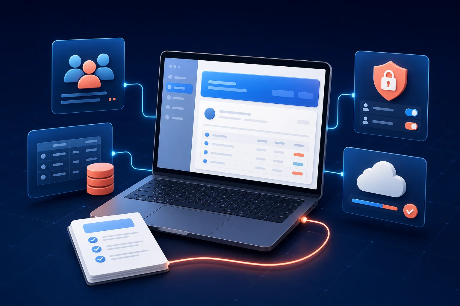Laptop showing an app-building workflow with user, data, security, and deployment panels