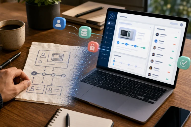 Hand-drawn repair portal idea transforming into a working customer portal on a laptop