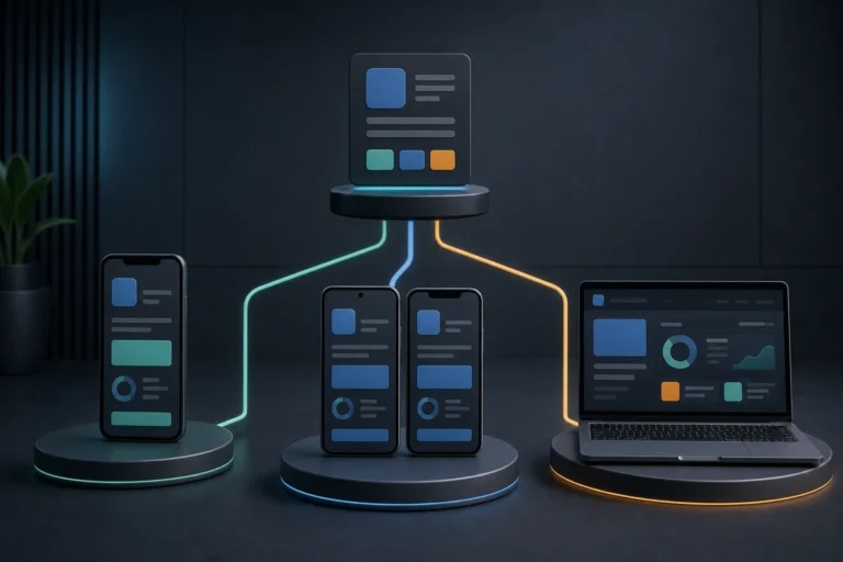 One app concept branching toward a native phone, shared mobile screens, and a web browser